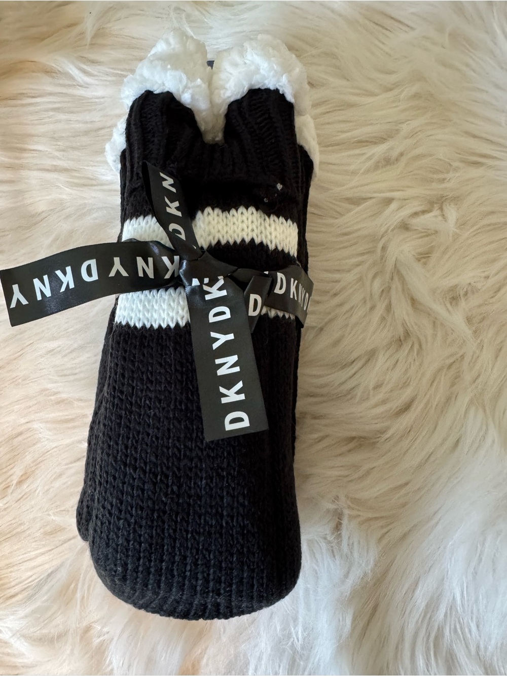 DKNY Black and White Knit Cozy Slipper Socks